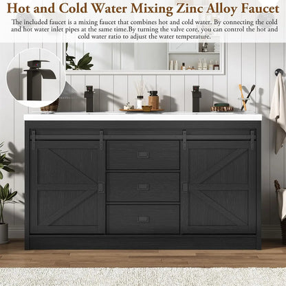 Double Bathroom Vanity with Sink & Faucet & Sewer Pipes,59" Farmhouse Bathroom Vanity Cabinet Set with 3 Storage Drawers &