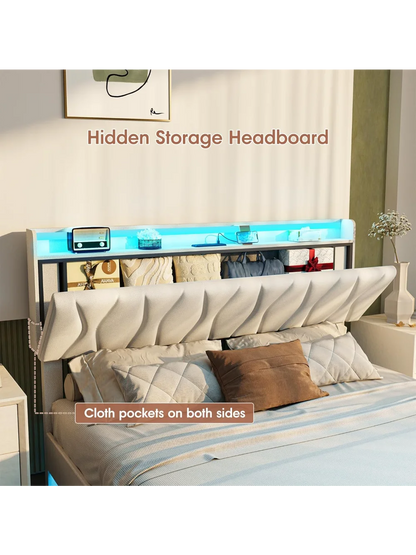 Queen Size Floating Bed Frame with Storage Headboard, Queen Bed Frame with LED Lights, Charging Station, Upholstered Pla