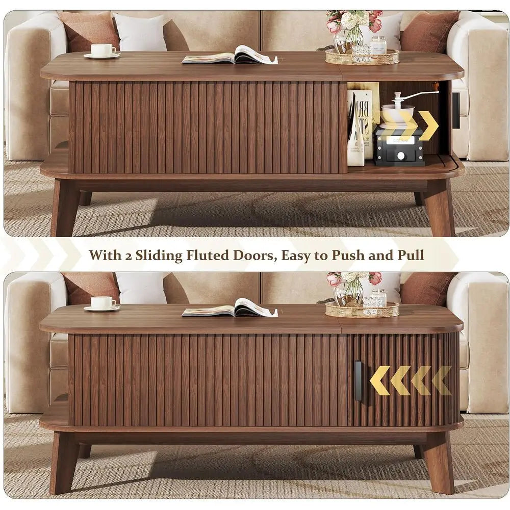 37.4 Modern Coffee Table with Storage, Sliding Door Walnut Living Room Furniture