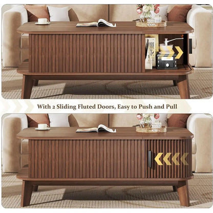 37.4 Modern Coffee Table with Storage, Sliding Door Walnut Living Room Furniture