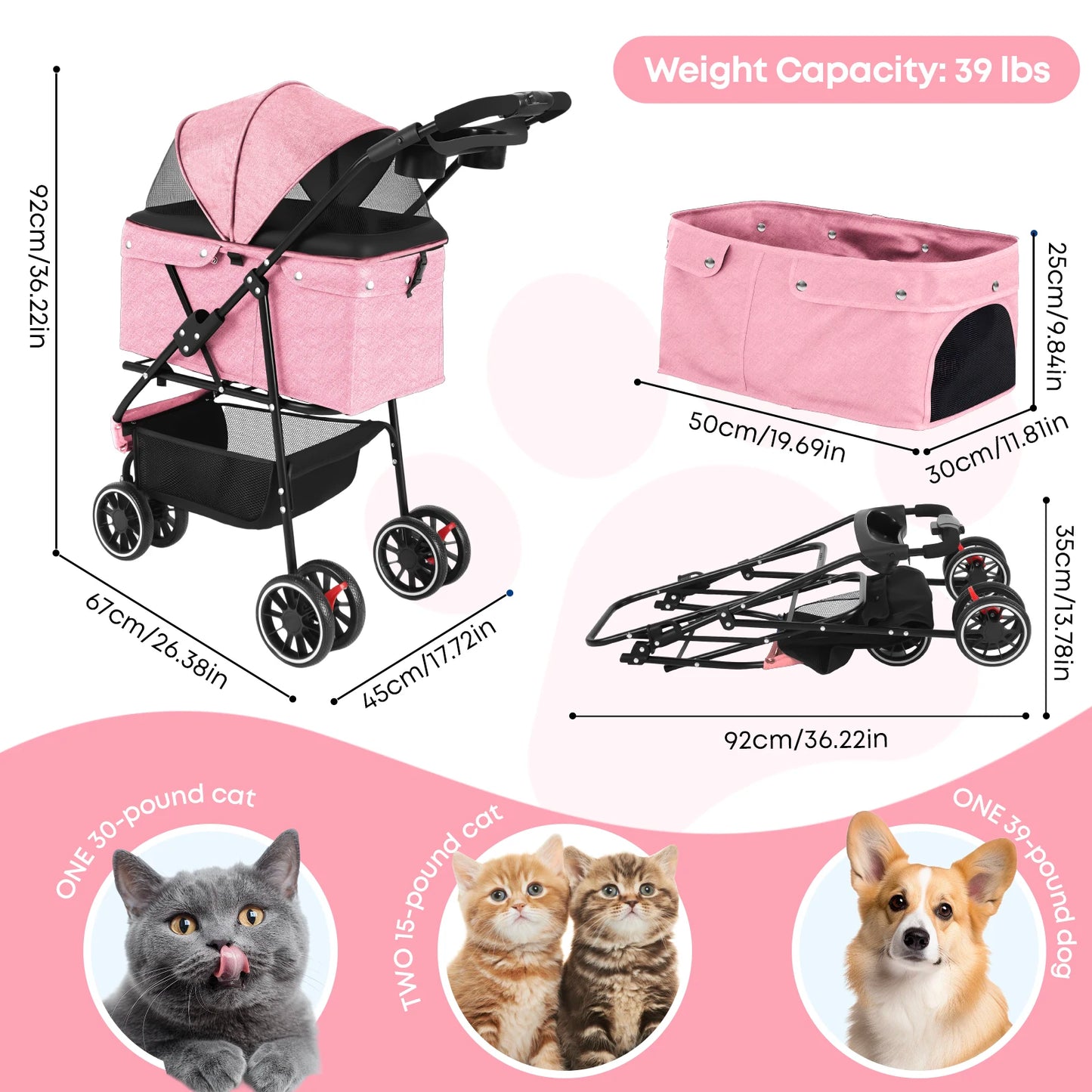 Pet Stroller For Medium Puppy Dogs & Cats Travel Portable Dog Stroller  Foldable Dog Cat Carrier Strolling