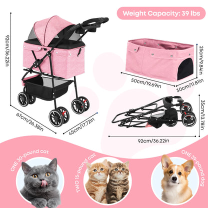 Pet Stroller For Medium Puppy Dogs & Cats Travel Portable Dog Stroller  Foldable Dog Cat Carrier Strolling