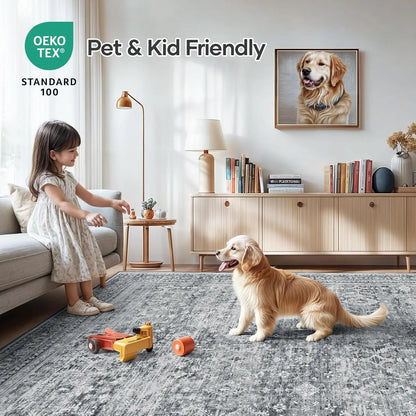 8x10 Washable Area Rug with Non-Slip Backing, Soft Grey Floral Carpet for Living Room Bedroom Dining Office Nursery