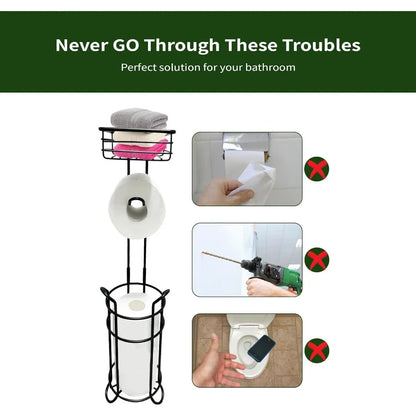 Free standing matte black toilet paper holder with integrated paper roll storage for bathroom organization compact design holds