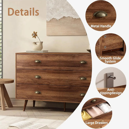 Walnut Brown Dresser for Bedroom, 6 Drawer Dresser with Wide Drawers and Metal Knob, Wood Dressers & Chest of Hallway, Entryway.