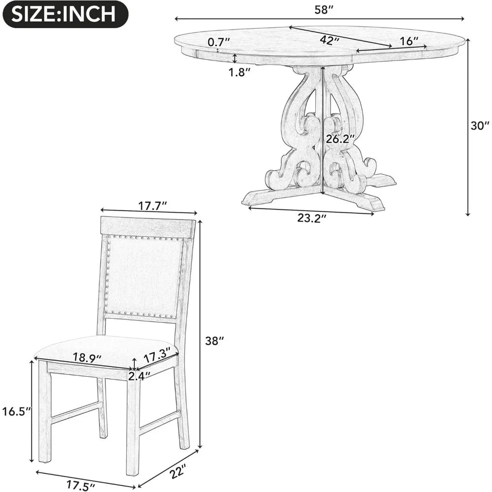 5-piece retro functional dining set, solid wood extendable dining table with a 16-inch leaf and 4 upholstered chairs
