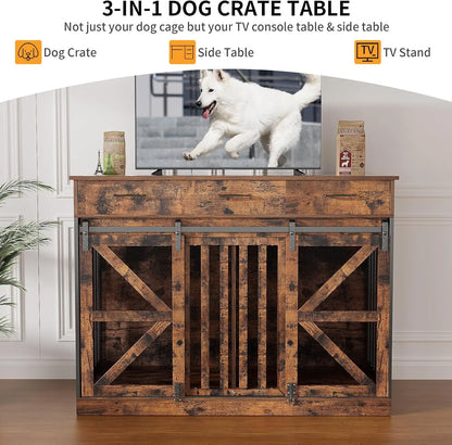 48 Inch Large Dog Crate Furniture with 3 Storage Drawers, Wooden Pet Kennel with Removable Divider