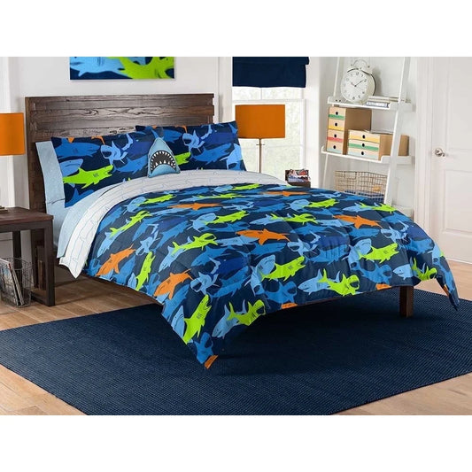 Kids Shark Adventure Full Bed In A Bag Set with Comforter Decorative Pillow 8 Piece Microfiber Bedding