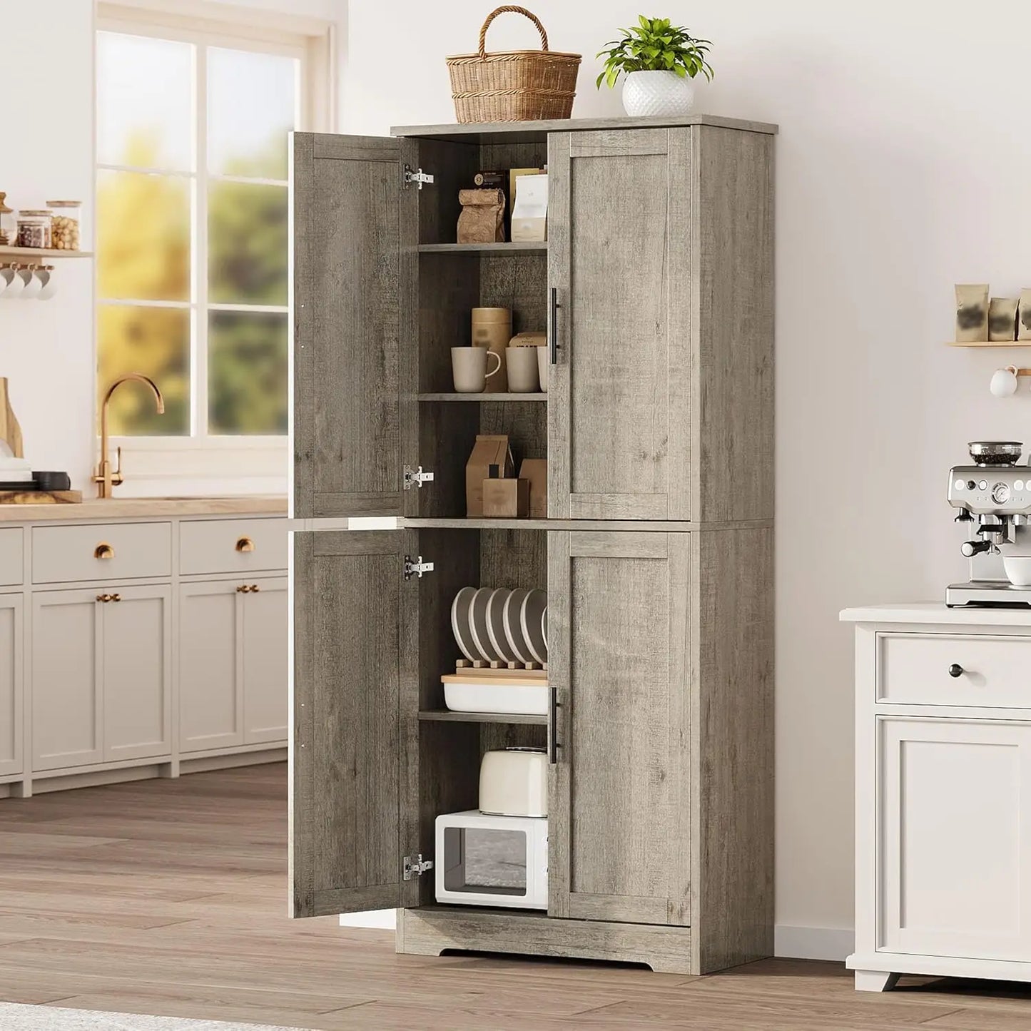 70 Inch Tall Kitchen Pantry Cabinet, Freestanding Storage Cabinet with 4 Doors and Adjustable Shelves, Utility Hutch Cupboard fo