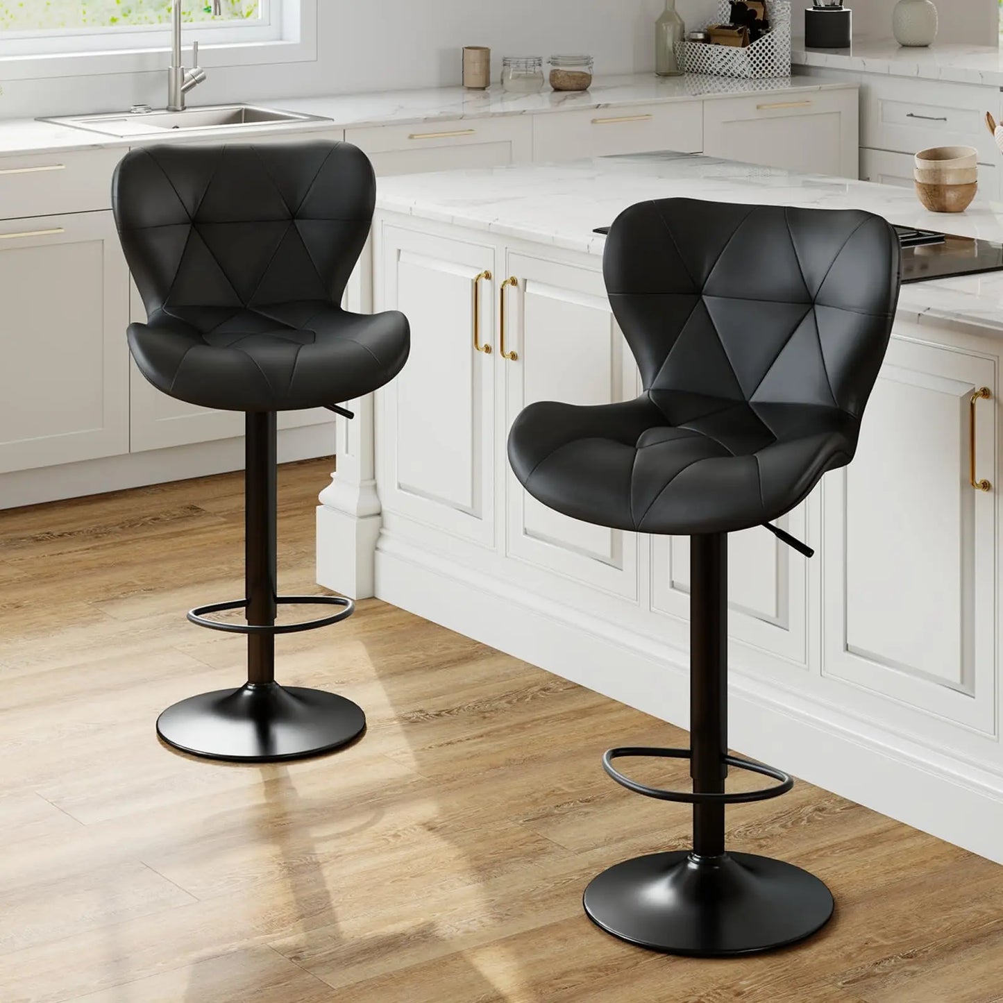 Ergonomic Faux Leather Dining Chairs Set of 2 Adjustable Upholstered Swivel with Curved Backrest Metal Legs For Kitchen