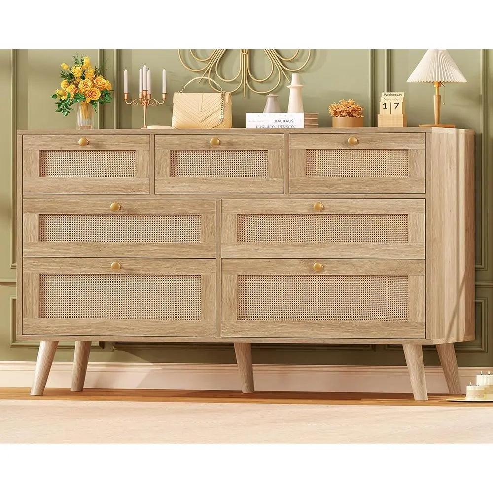 47.2''Wide 7 Der Rattan Drer, Wood Drers TV Stand, Boho Drers & Chests o Ders or Bedroom, Entryway, Natural
