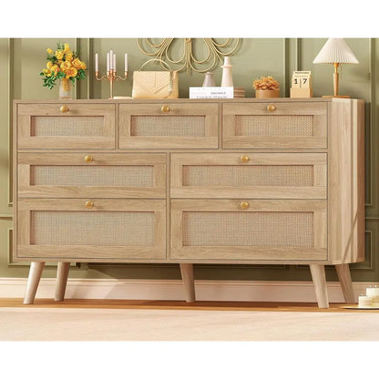 47.2''Wide 7 Der Rattan Drer, Wood Drers TV Stand, Boho Drers & Chests o Ders or Bedroom, Entryway, Natural