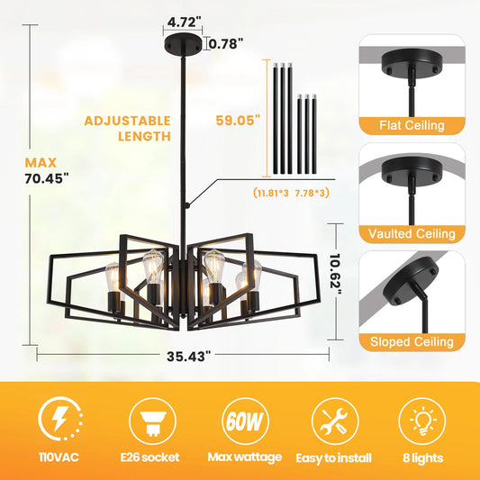 Modern 8-Light Geometric Chandelier Adjustable Height Metal Pendant Light with Black Frame & Golden Accents Ceiling Light Decor