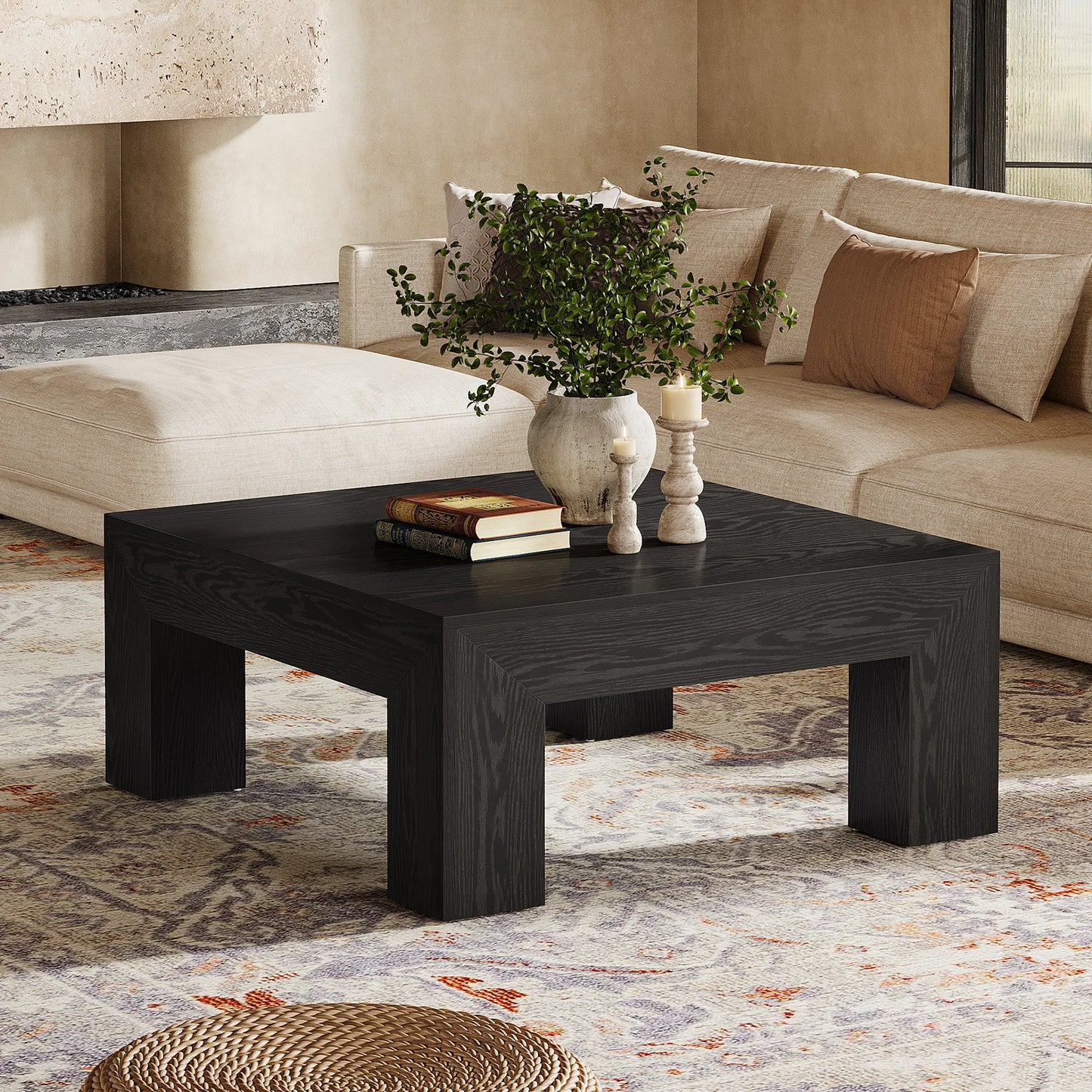 39.4-Inch Square Coffee Table for Living Room, Farmhouse All MDF Accent Center Cocktail Table with Sturdy Wooden Legs