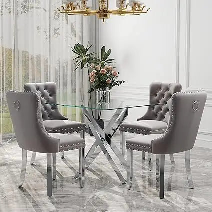 5 Piece Silver Luxury Glass Dining Set, Modern Minimalist  Table Set for 4, 36'' Clear Square Glass Top Dining Room Set