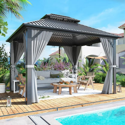 Aluminum Framed Hardtop Gazebo with Double Galvanized Steel Roof, Curtains, and Netting