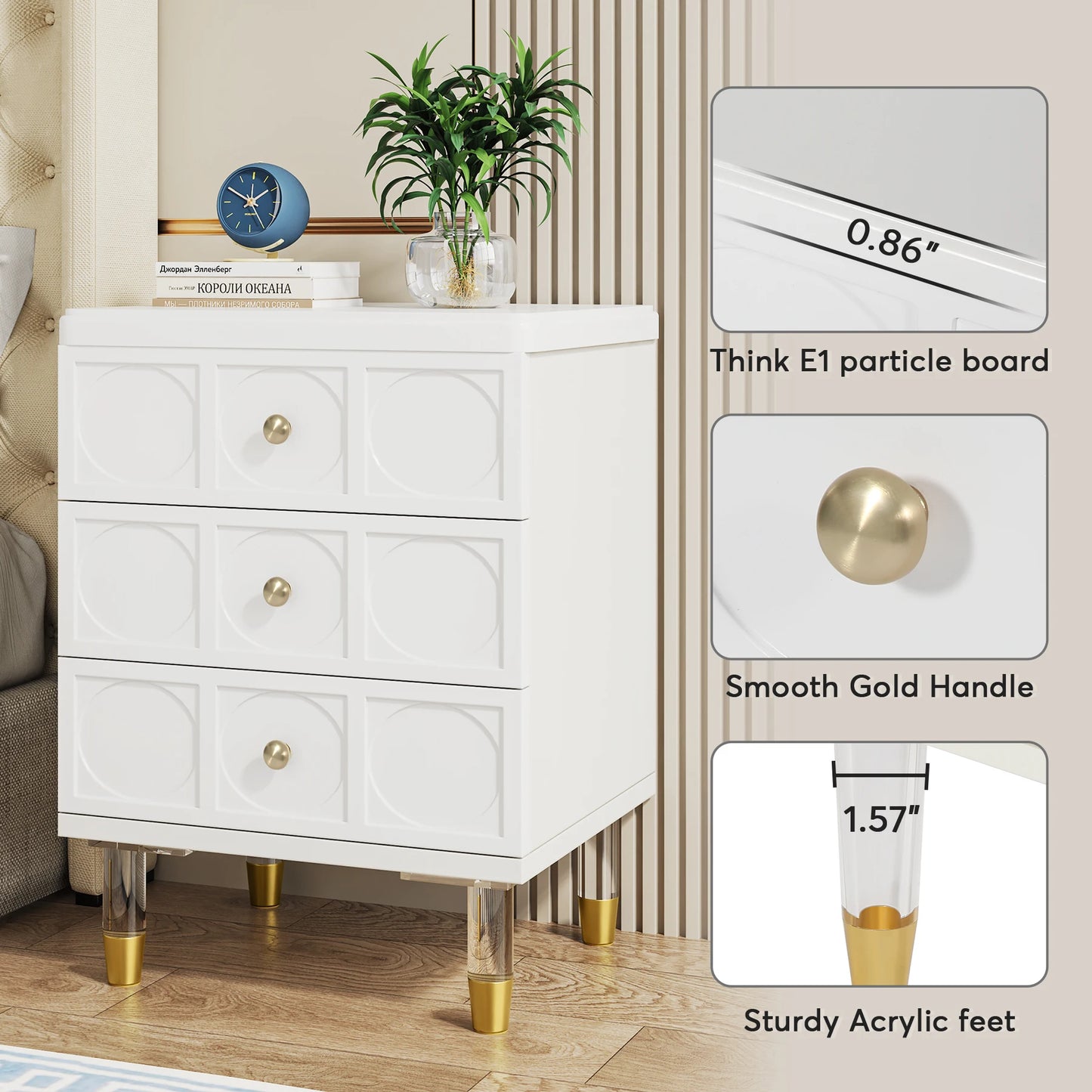 3-Drawer Nightstand Tall White and Gold Bedside Table with Drawers, Versatile Modern White Night Stand with Storage