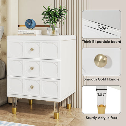 3-Drawer Nightstand Tall White and Gold Bedside Table with Drawers, Versatile Modern White Night Stand with Storage