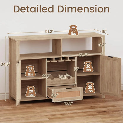 51" Rattan Buffet Cabinet with Wine Rack & Glass Holders, Farmhouse Sideboard for Living Room
