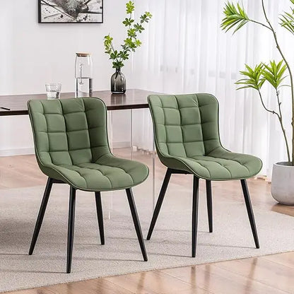 Pair of Modern Olive Green PU Leather Dining Chairs with Metal Legs for Kitchen and Dining Room