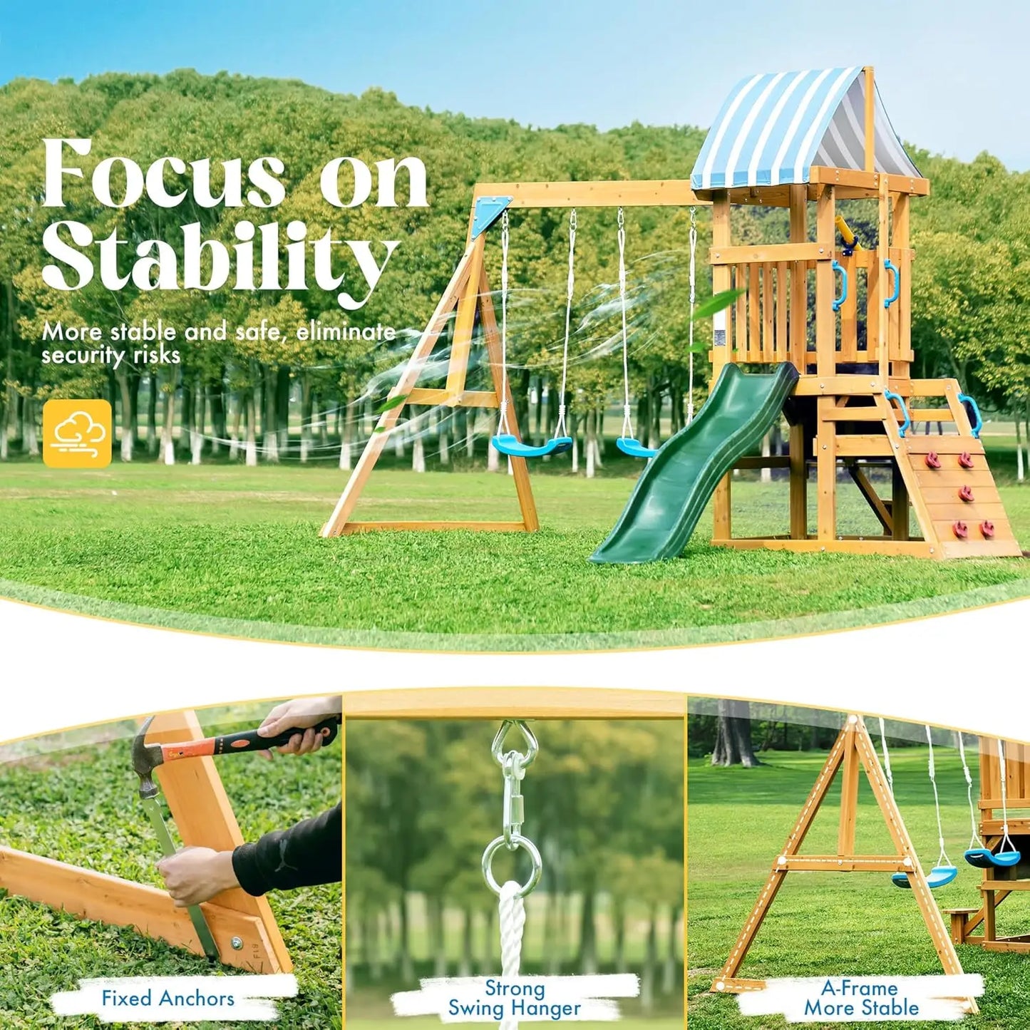 Wooden Swing Set with Dual Swings Slide Rock Climbing Wall Chalkboard Telescope Fort for Backyard Fun for Kids