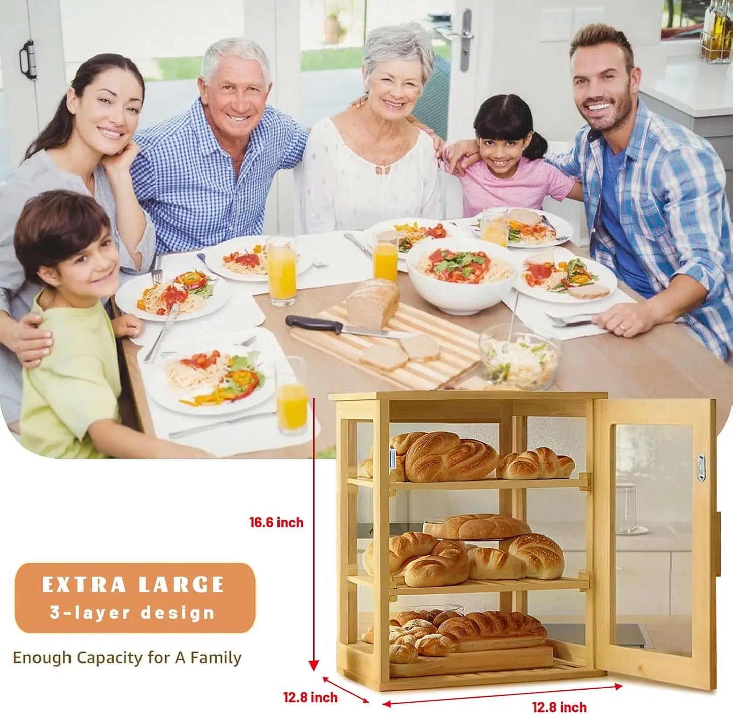 Bread Box,Pastry Display Case for  Kitchen Counter, Wooden Large Capacity Bread and fruit Storage Bin