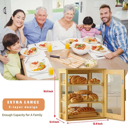 Bread Box,Pastry Display Case for  Kitchen Counter, Wooden Large Capacity Bread and fruit Storage Bin