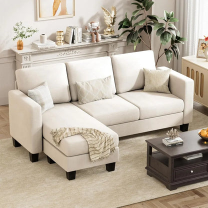 Convertible Sectional Sofa Couch, 3 Seat L-Shaped Sofa with Linen Fabric Ottoman