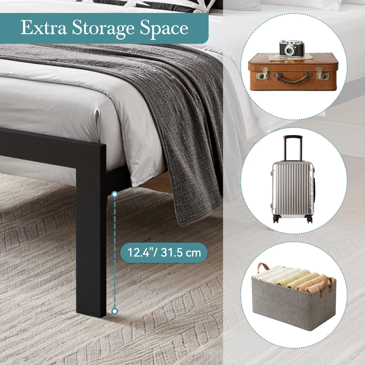 Metal Bed Frame with Upholstered Finely Stitched Headboard, , Sturdy Foundation, No Box Spring Needed