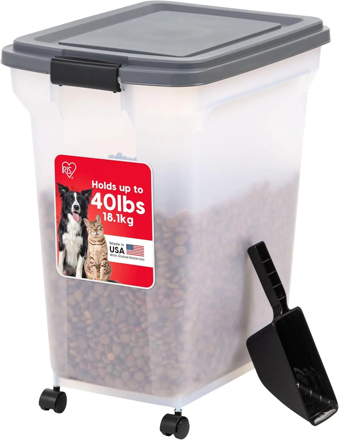 Dog Food Storage Container 40 lbs, Attachable Wheels, & Included Scoop, for Dog Cat Birds and other Pets, Food Storage Bin, Keep