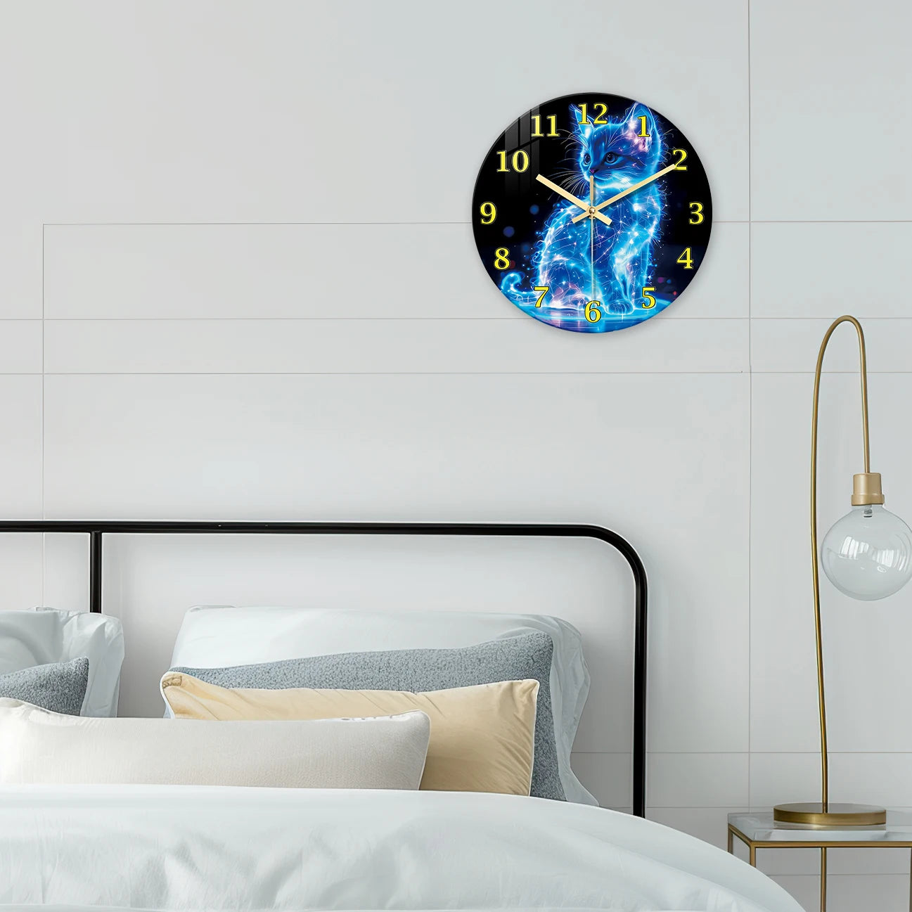 A Unique Neon Cat Tempered Glass Wall Clock, 12-24inch Round Cat-Themed Decorative Silent Clocks Powered by Batteries, Stunning Blue Galaxy Kitten Pattern, Perfect for Home and Kitchen Decoration, Also Suitable as a Valentine