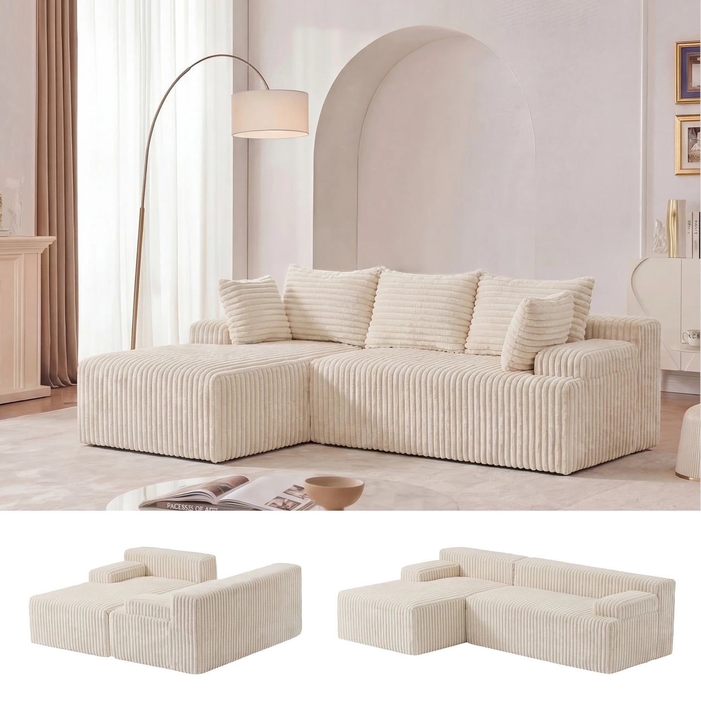L-Shape Corduroy Sectional Sofa,Cloud-Like Couch,Boneless Couches, No Assembly Required,Deep Seat, for Living Room
