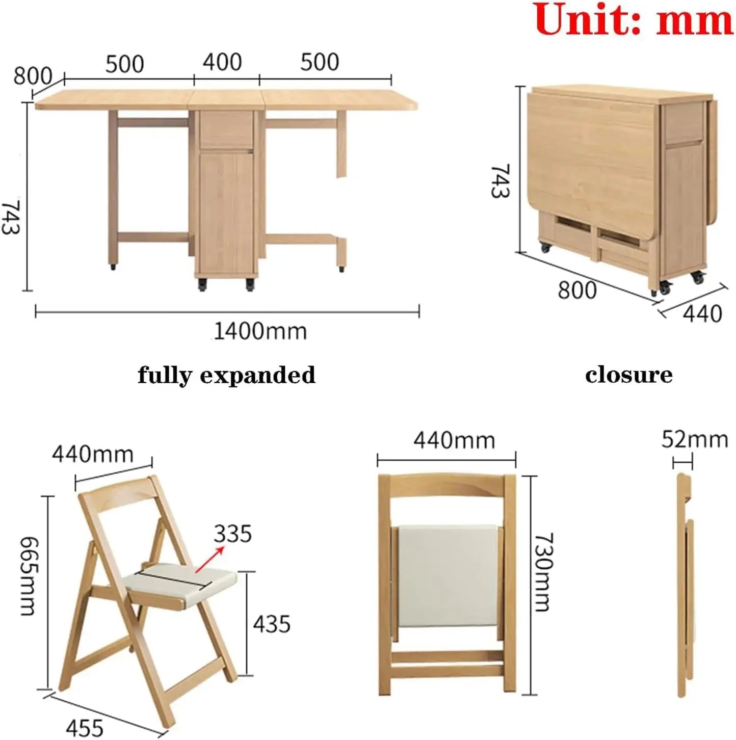 Solid Wood Foldable Dining Table and Chair Set, Retractable Home Dining Table Drop Leaf Table with 4 Chairs and Storage Drawer,