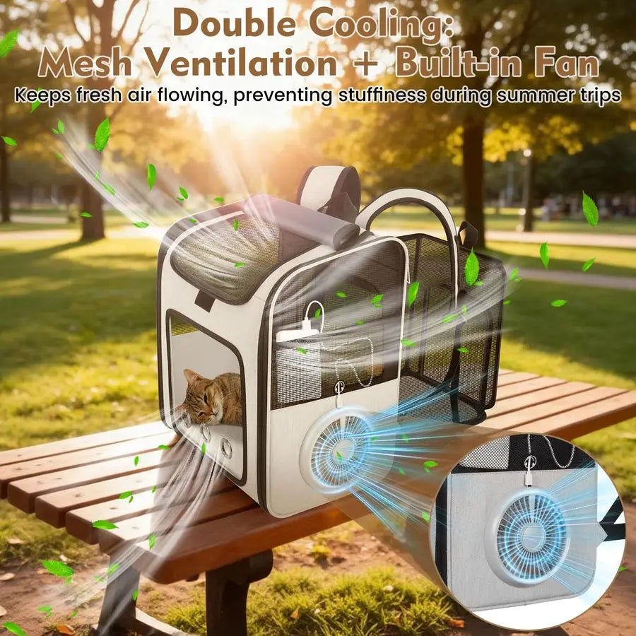 Backpack Carrier with Builtin Cooling Fan amp Heating Pad, Expandable Cat Carrier Backpack for Cats and Small Dogs, Ventilated T