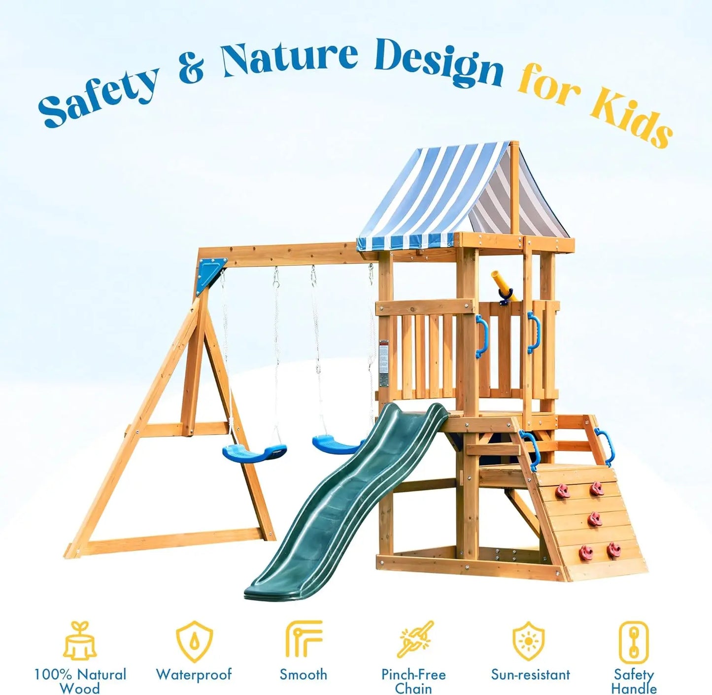 Wooden Swing Set with Dual Swings Slide Rock Climbing Wall Chalkboard Telescope Fort for Backyard Fun for Kids