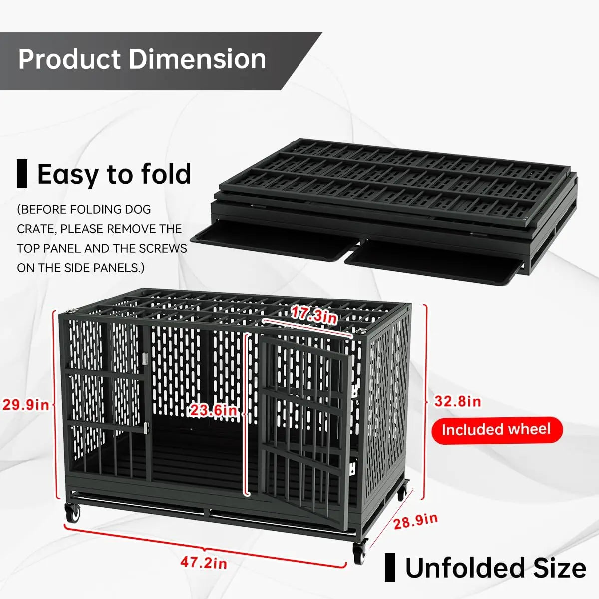 48-Inch Heavy-Duty Dog Crate with Wheels, Folding Metal Cage for Large Dogs, Extra-Large Indestructible Design