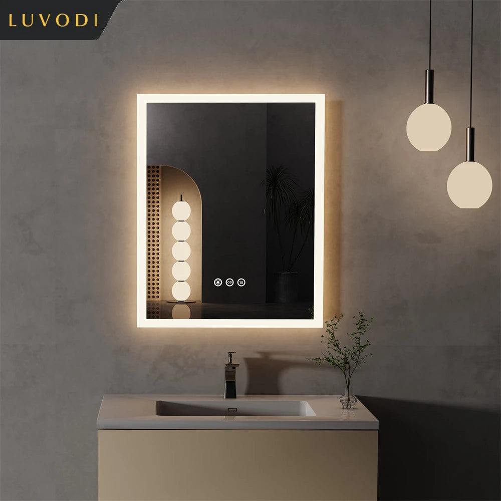 LED Light Bathroom Mirror Wall Mounted Backlit Touch Mirror Dimmable Defog Vanity Makeup Mirror