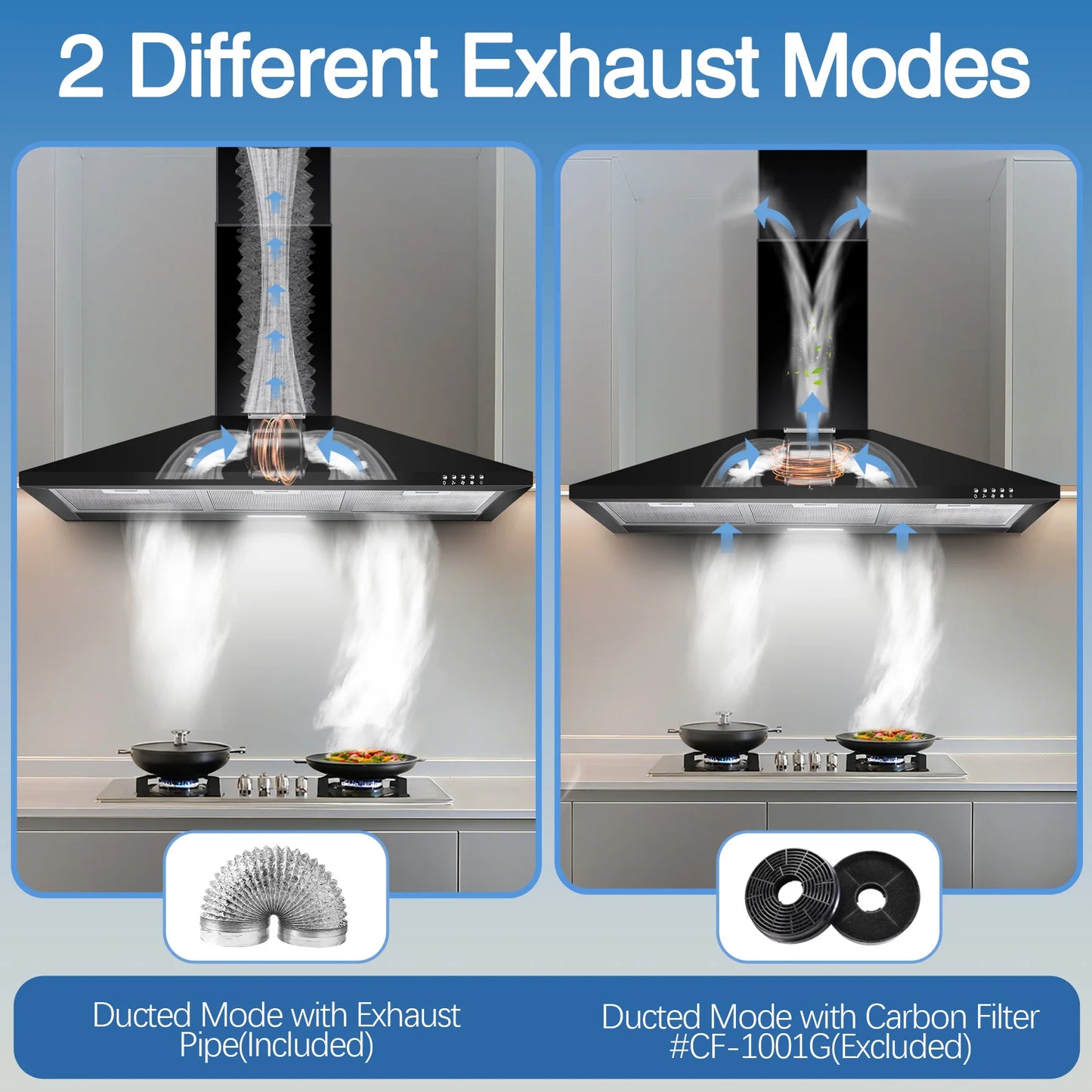 24/36" Black Stainless Steel Range Hood 450 CFM, 3-Speed, LED Light, Under 55dB, Ducted/Ductless 120V