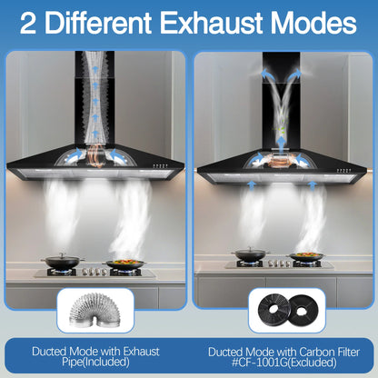 24/36" Black Stainless Steel Range Hood 450 CFM, 3-Speed, LED Light, Under 55dB, Ducted/Ductless 120V