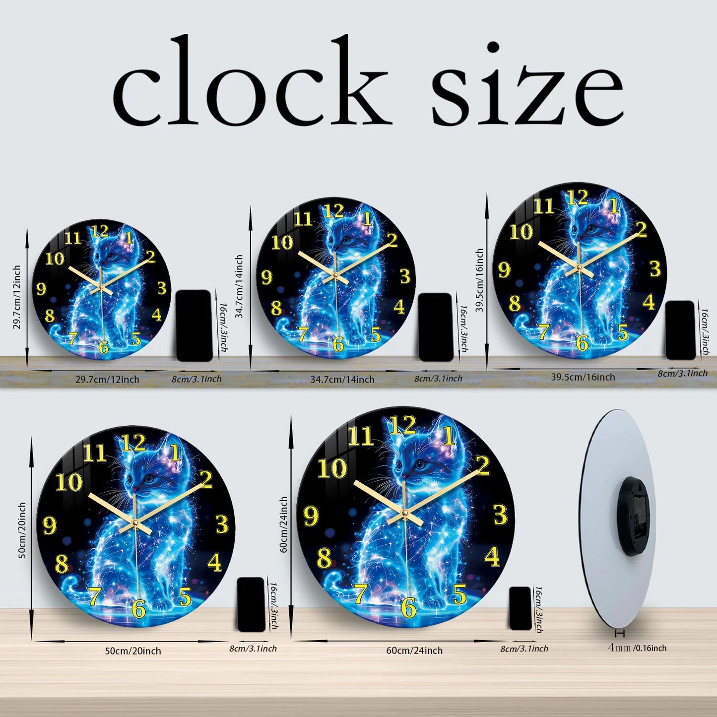 A Unique Neon Cat Tempered Glass Wall Clock, 12-24inch Round Cat-Themed Decorative Silent Clocks Powered by Batteries, Stunning Blue Galaxy Kitten Pattern, Perfect for Home and Kitchen Decoration, Also Suitable as a Valentine