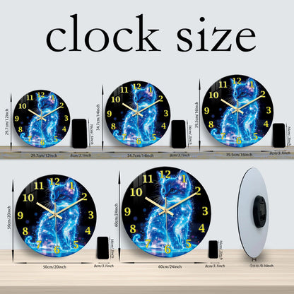 A Unique Neon Cat Tempered Glass Wall Clock, 12-24inch Round Cat-Themed Decorative Silent Clocks Powered by Batteries, Stunning Blue Galaxy Kitten Pattern, Perfect for Home and Kitchen Decoration, Also Suitable as a Valentine