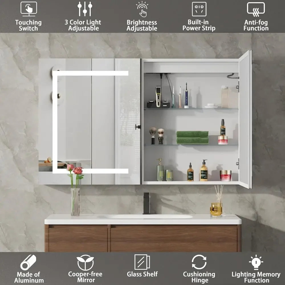 LED Medicine Cabinet with Mirror or Bathroom, Assembly-ree Lighted Medicine Cabinet, og, SteplDimming, 3 Col, 2 Outlets, 2USB, W