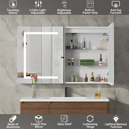 LED Medicine Cabinet with Mirror or Bathroom, Assembly-ree Lighted Medicine Cabinet, og, SteplDimming, 3 Col, 2 Outlets, 2USB, W
