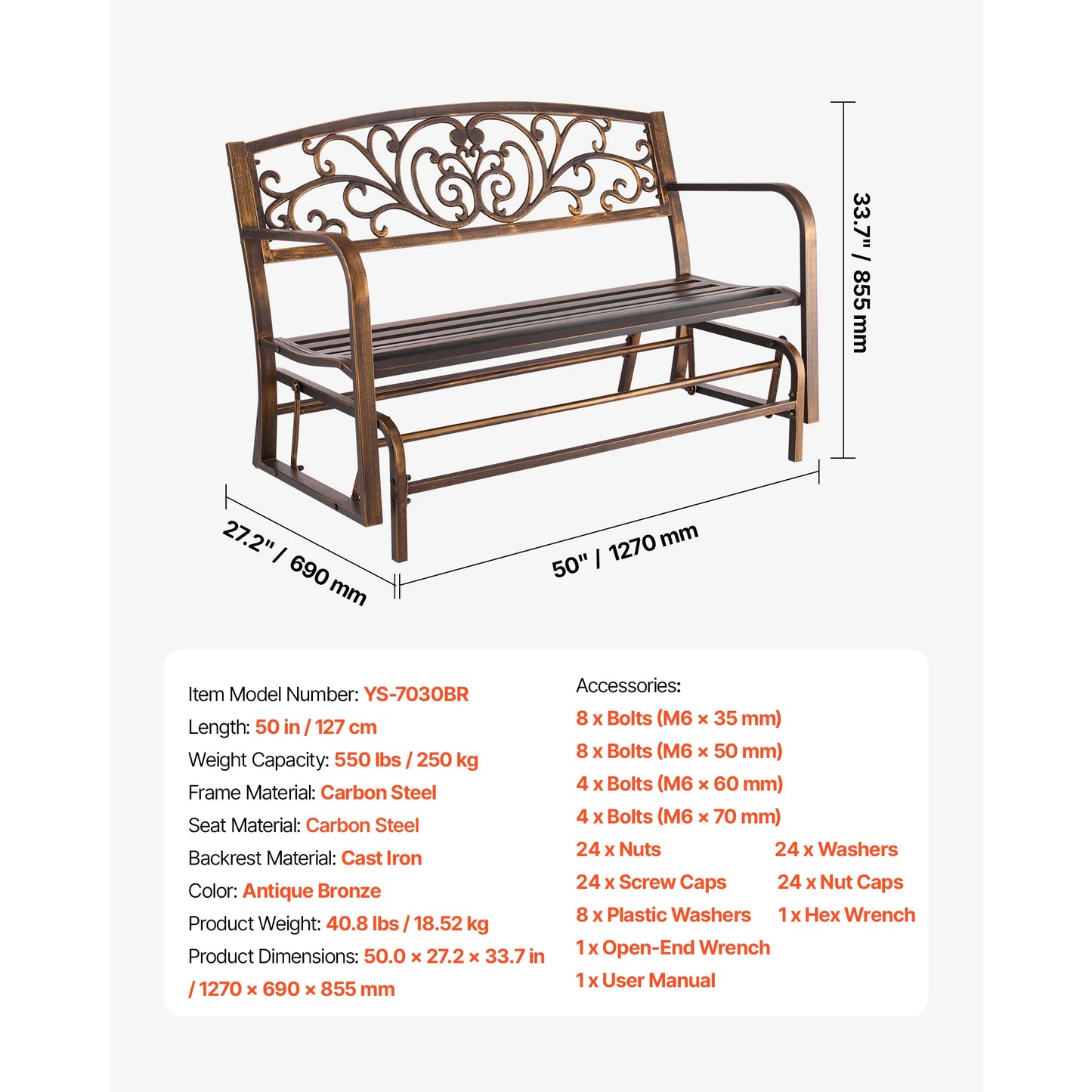 Outdoor Bench Wooden Metal Garden Bench for Outdoors 480 lbs Load Capacity Bench Outdoor Garden Park Bench