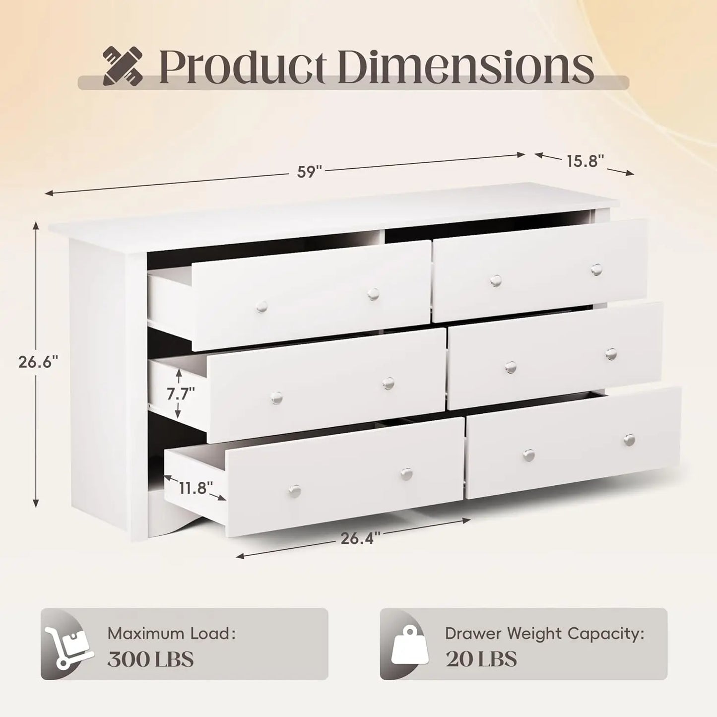 Dresser for Bedroom, 6 Wood Dresser Drawers, Wide Chest of Drawers, Storage Tower Unit Modern Design Bedroom Living Room