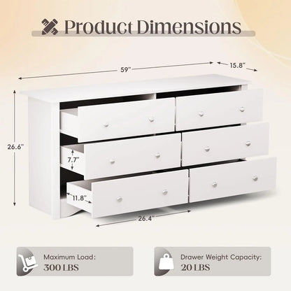 Dresser for Bedroom, 6 Wood Dresser Drawers, Wide Chest of Drawers, Storage Tower Unit Modern Design Bedroom Living Room
