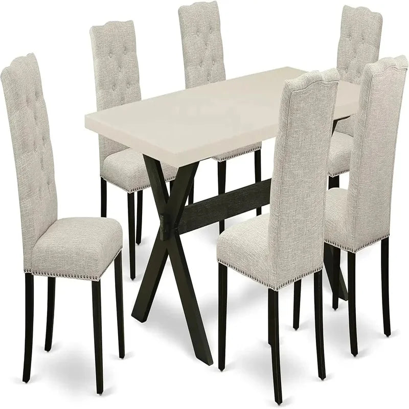 7-Piece Dining Set - Rectangular Dining Table with 6 Stylish Parson Chairs Featuring Linen Fabric Seats and Backs