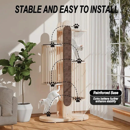 67 High Wooden Cat Tower with 6 Levels, Scratching Posts, Big Bed, Washable Cushions for Large Cats in White and Brown