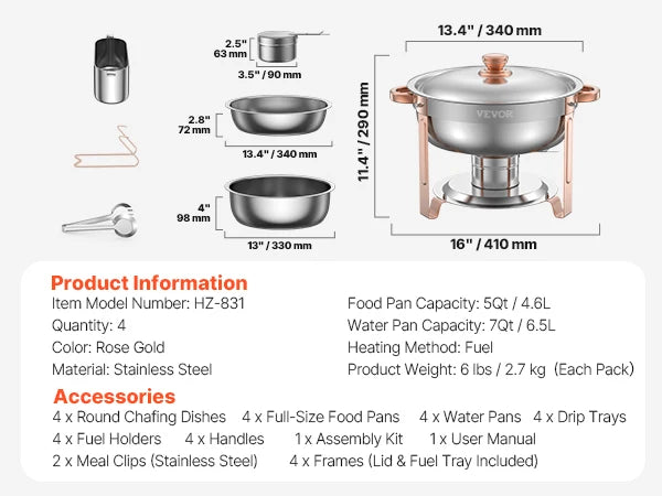 4 Pack Chafing Dish Buffet Set Stainless Steel Chafer w/4 Full Size Pan Round Catering Warmer Server for Party Banquets