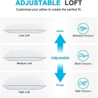 King Size Cooling Pillows Set of 2, Adjustable Shredded Memory Foam for Side Back Stomach Sleepers, Gel Infused 20x36 Inches